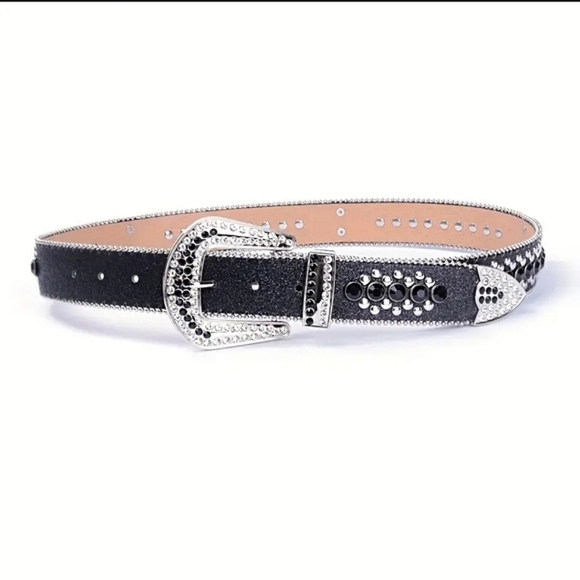 Womens Black & Silver Skull Moto Biker Western Silver Stud Rhinestone Bling Belt - Picture 4 of 11